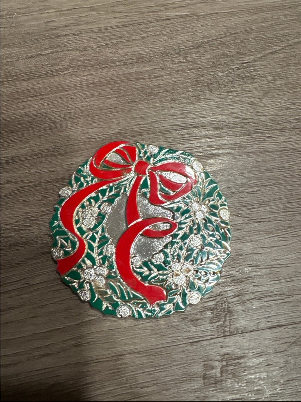 Vintage Japan Christmas Wreath Coaster Red Bow Silver Tone Enamel Holiday Decor